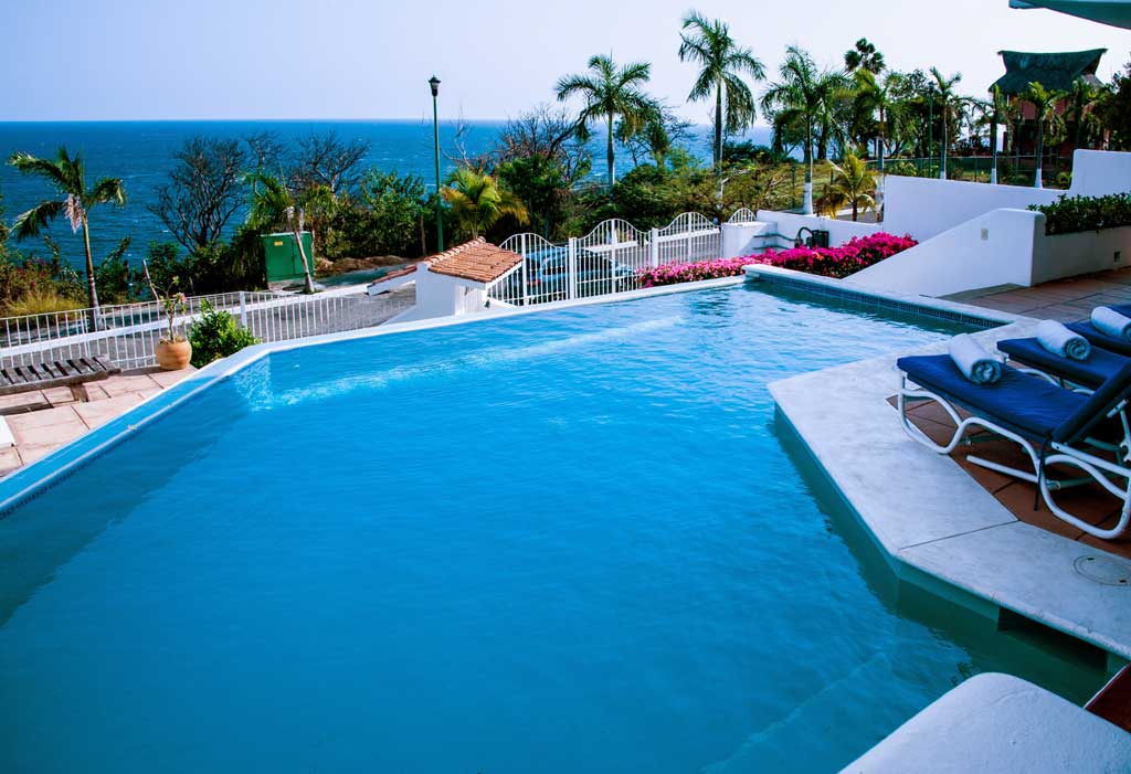 A serene seaside view features an inviting infinity pool surrounded by lounge chairs and palm trees, with the ocean and clear blue sky in the background.